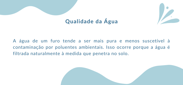 Benefício de furos de água. Qualidade de água com furo de água